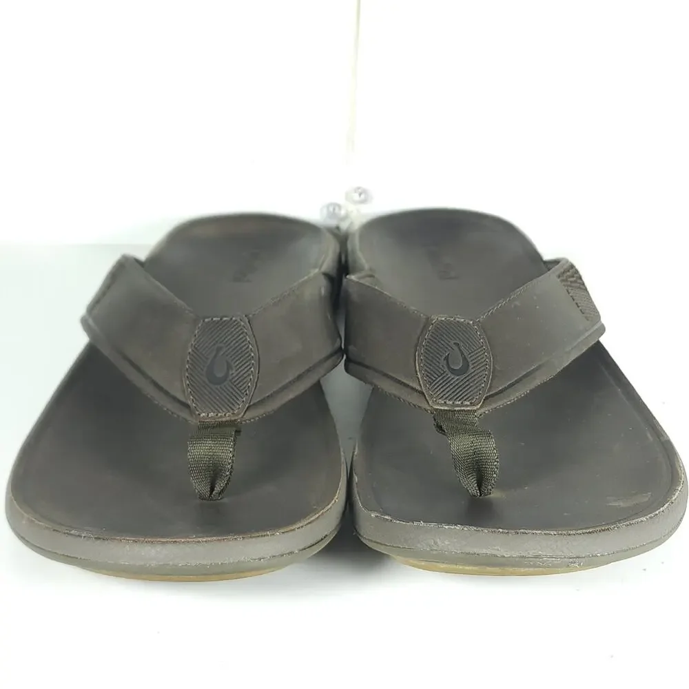 Olukai Men's Tuahine US13 Canteen Leather Waterproof Flat Thong Sandals